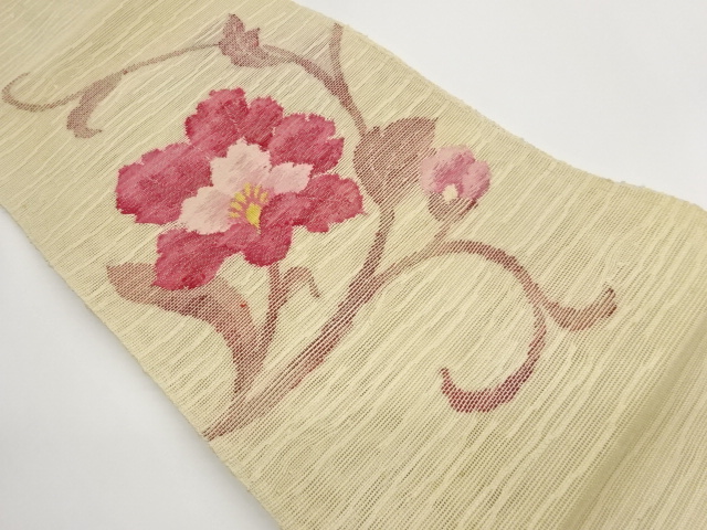 Nagoya obi with woven gauze pongee flower arabesque pattern